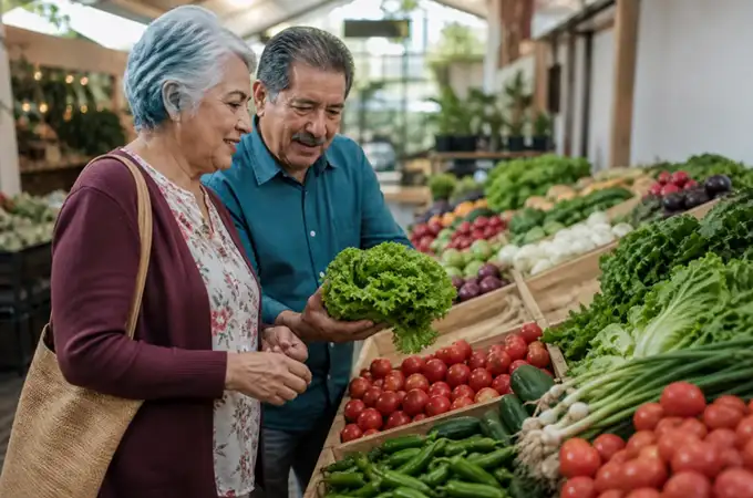 Personas adultas mayores eligiendo productos frescos en un mercado