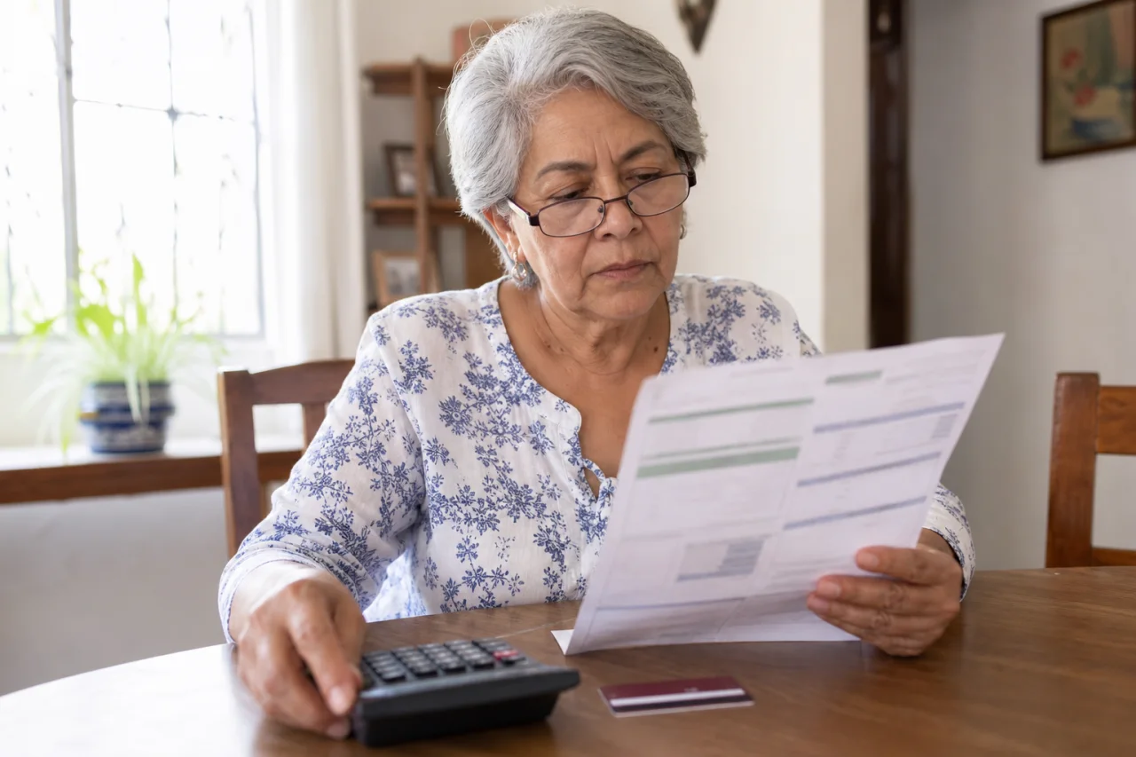 Persona adulta mayor revisando un recibo de electricidad y haciendo un cálculo en casa