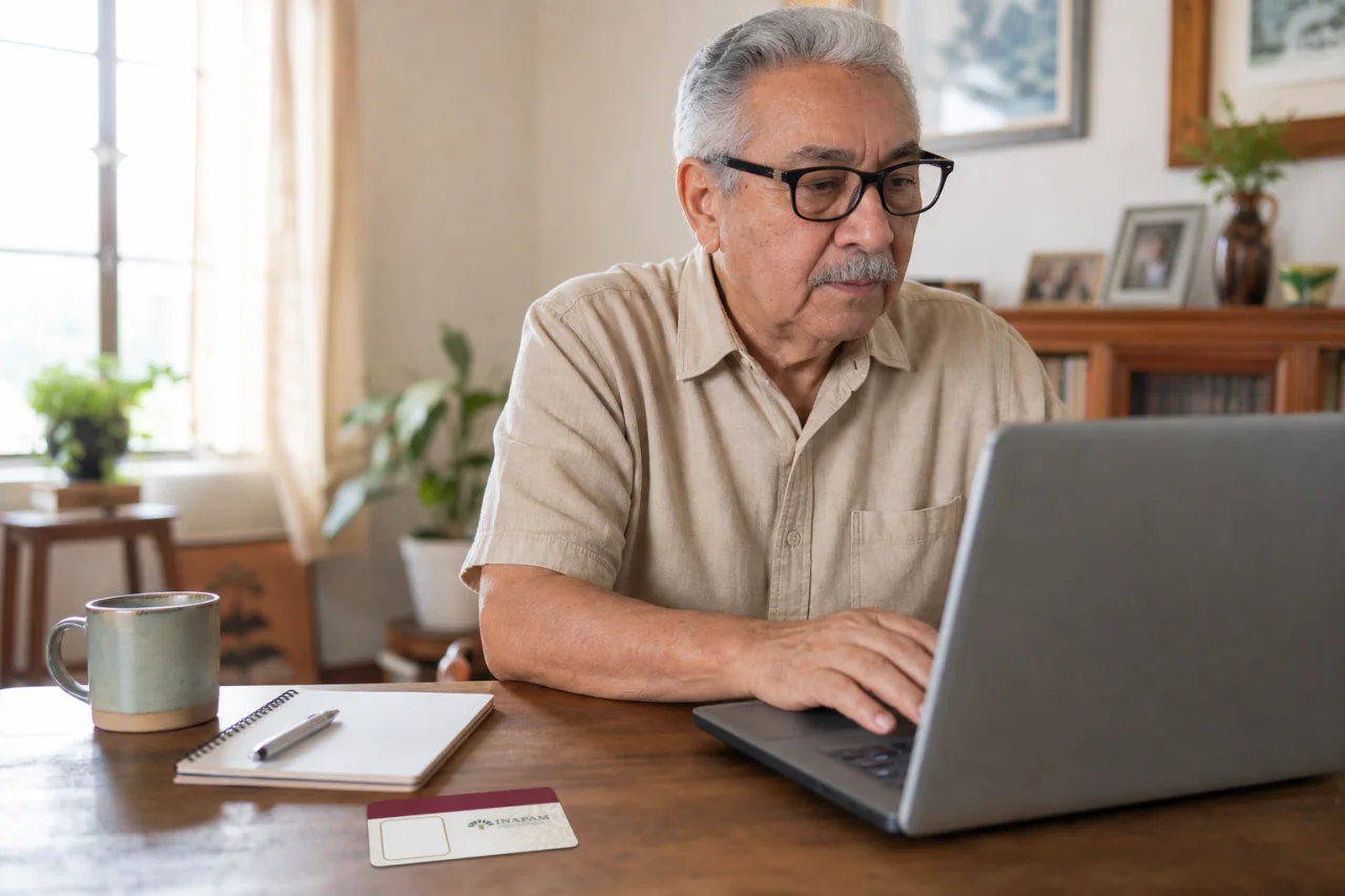 Persona adulta mayor consultando información en una computadora con una credencial INAPAM ilustrativa sobre la mesa