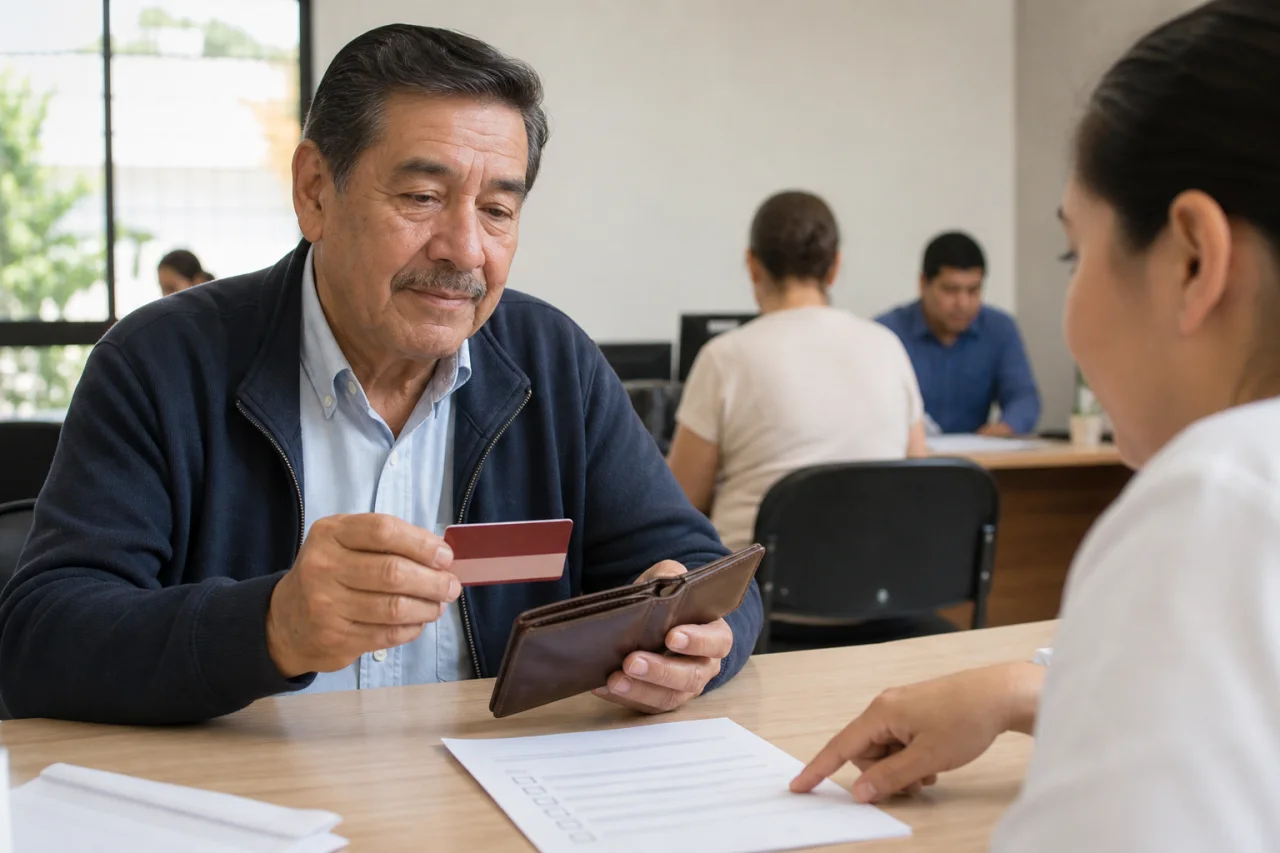 Persona adulta mayor recibiendo orientación en un módulo mientras muestra una tarjeta sin datos personales