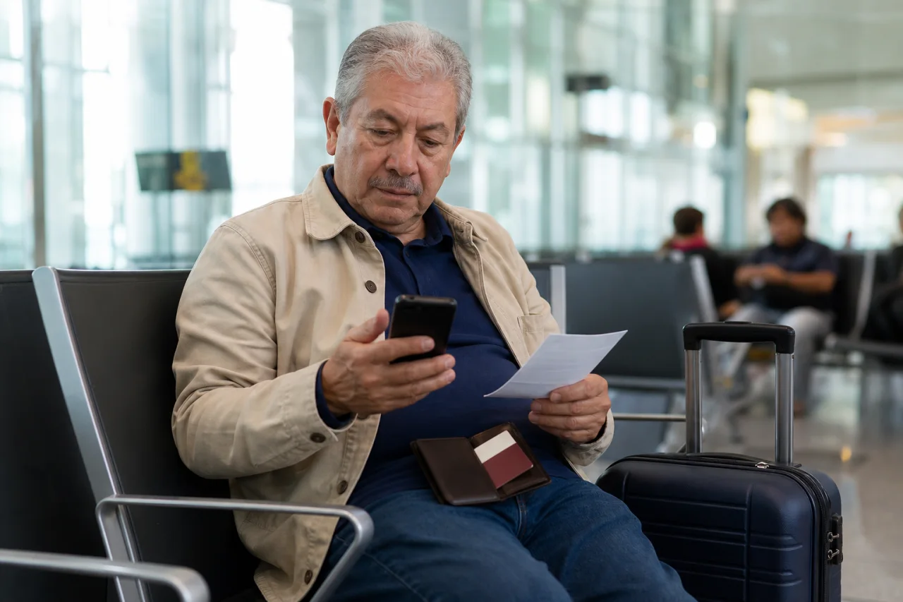 Viajero adulto mayor consultando en el aeropuerto las condiciones de su vuelo antes de abordar